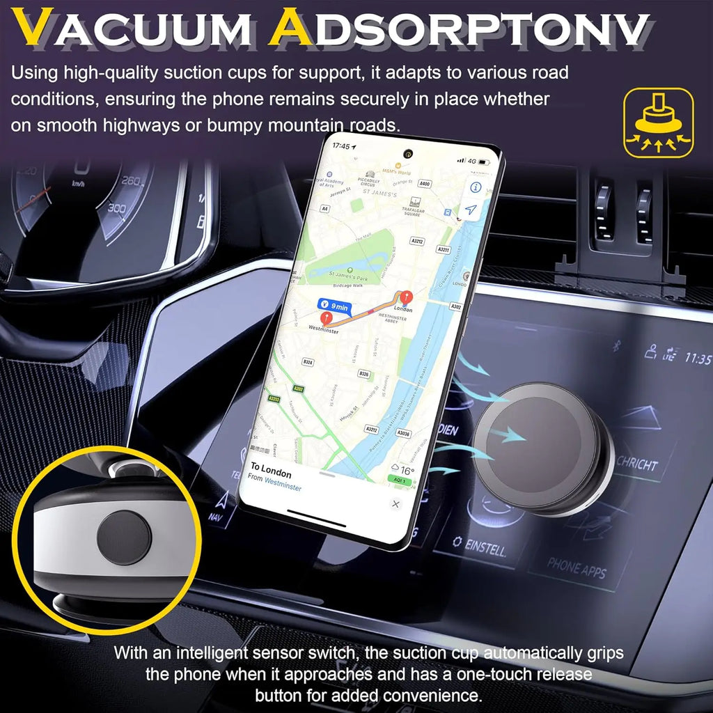 Black and silver magnetic phone mount attached to a car dashboard, holding a smartphone displaying a map.