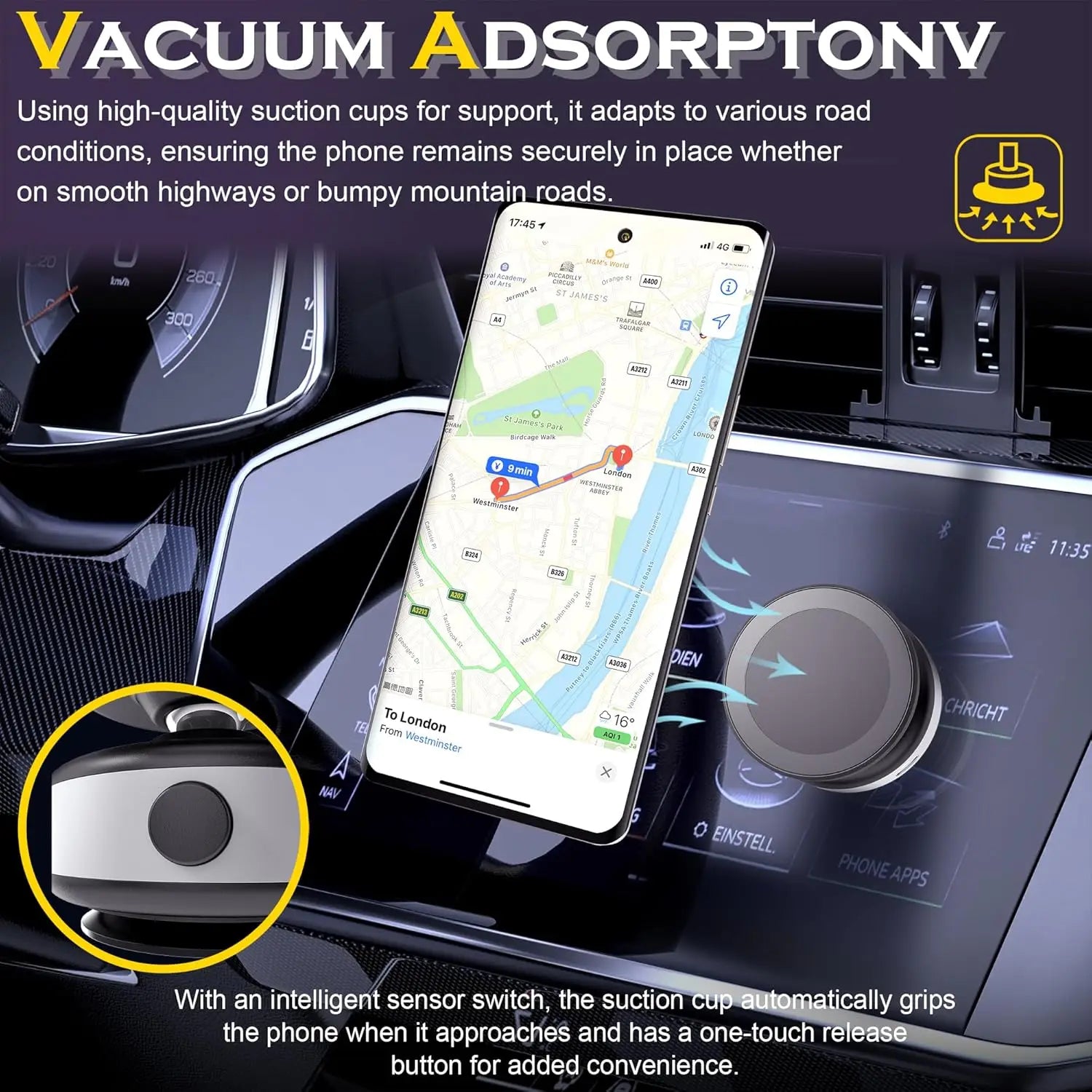 Black and silver magnetic phone mount attached to a car dashboard, holding a smartphone displaying a map.