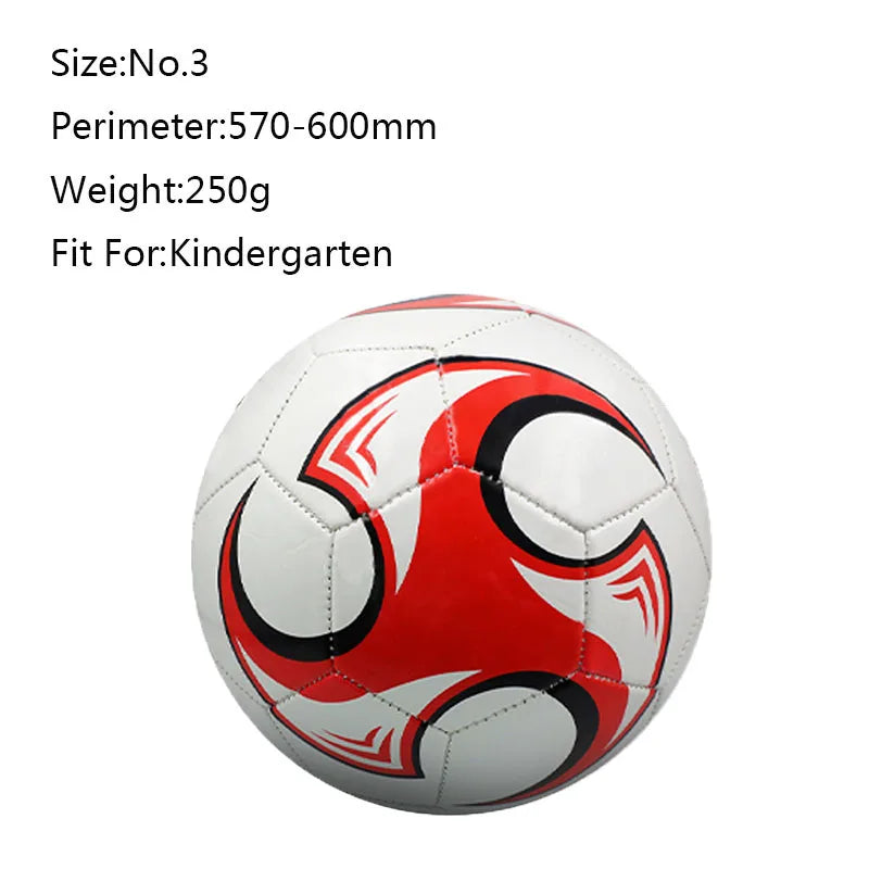 Size 3 children’s football in white with red and black curved patterns, ideal for kindergarten play.