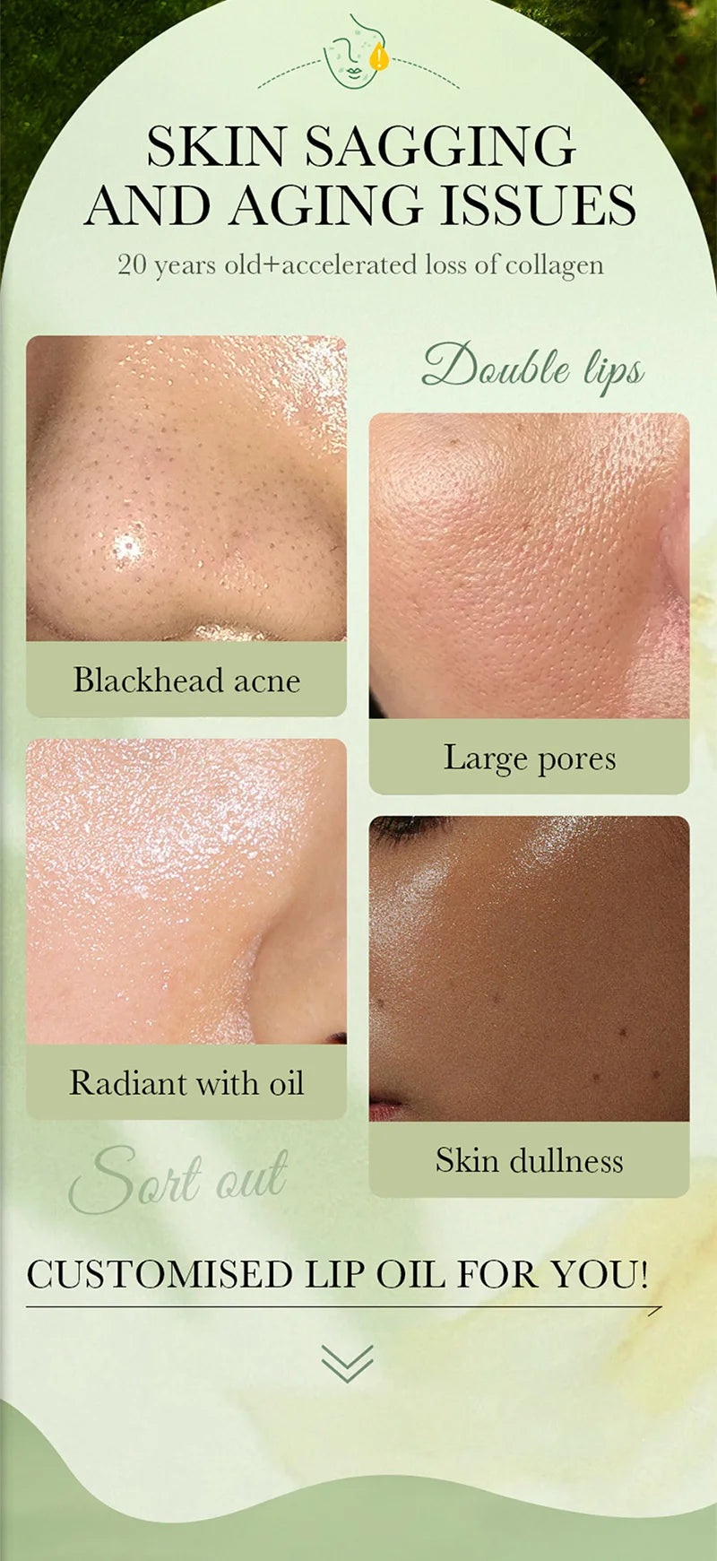 Infographic showing skin concerns like blackheads, large pores, and dullness, promoting a customised lip oil solution.