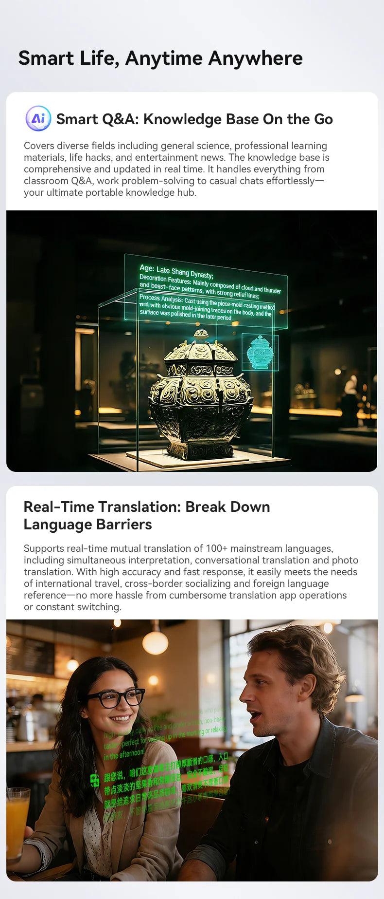 A person wearing black, stylish smart glasses that display real-time AR text translation while having a conversation.