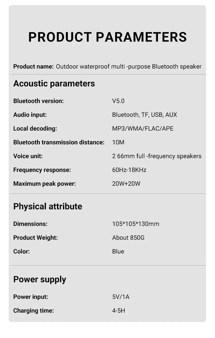 Blue portable waterproof Bluetooth speaker with 40W stereo sound and versatile input options, shown in a spec table.