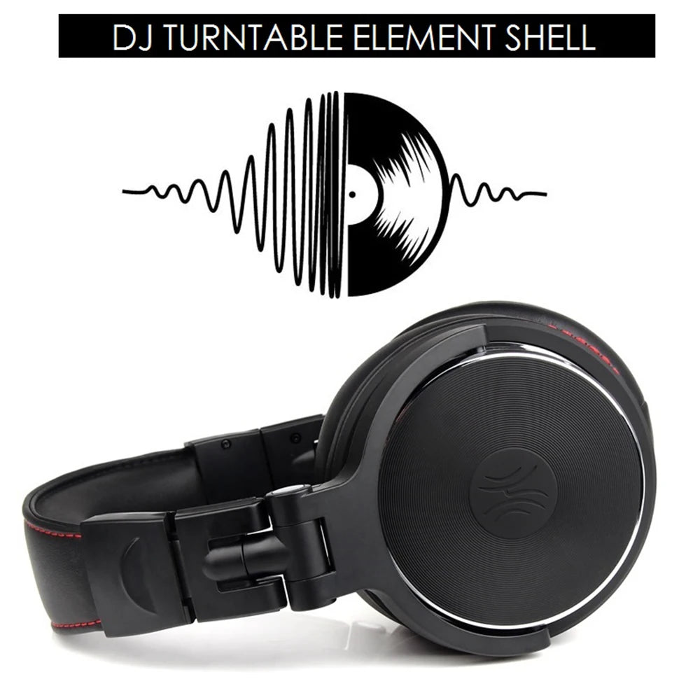 Black professional over-ear studio headphones with red stitching detail and a durable, foldable design.