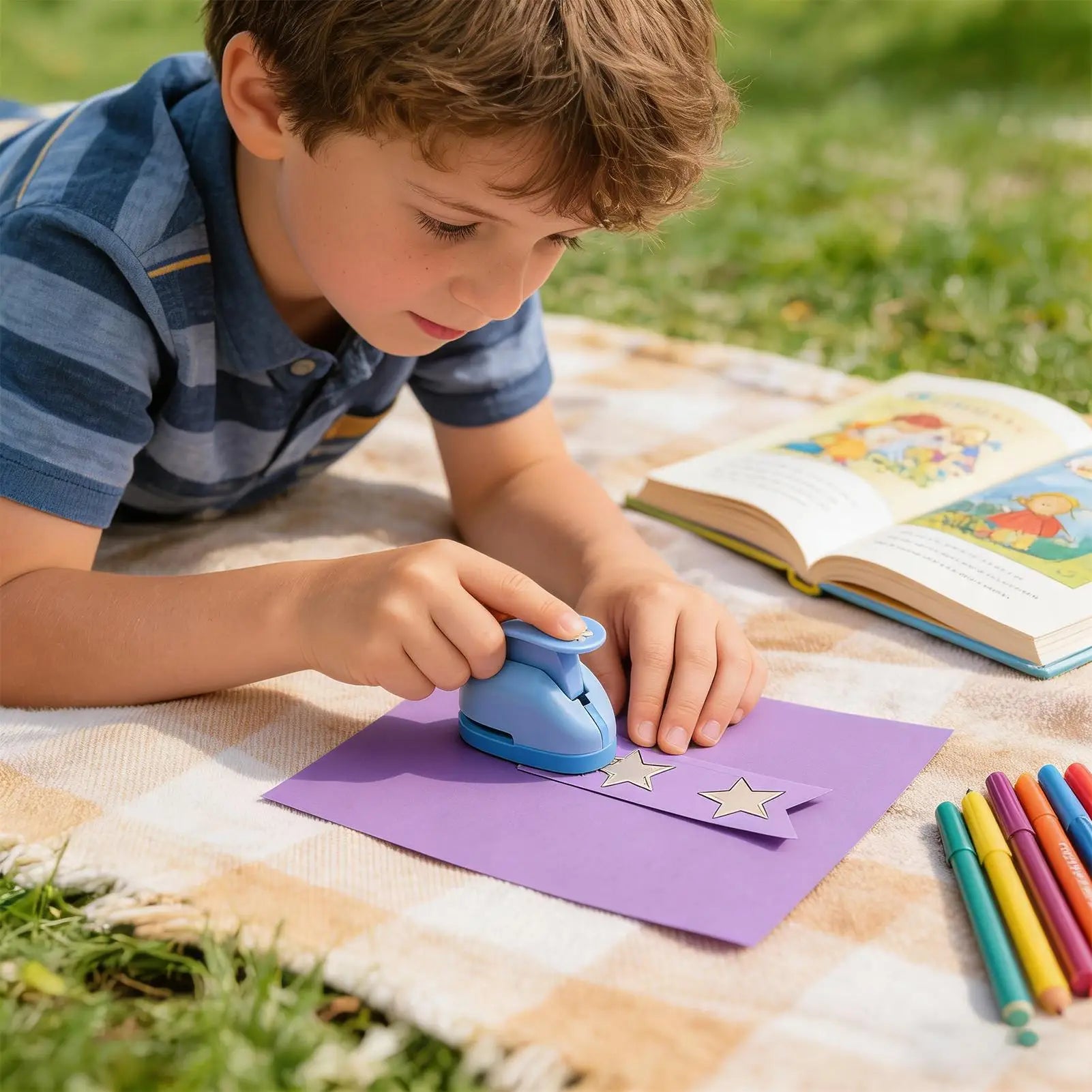 A child uses a light blue star-shaped paper punch to create star cutouts on a piece of purple craft paper.