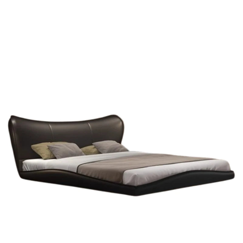 A modern, low-profile dark brown upholstered bed frame with a sleek, curved headboard and minimalist wave design.
