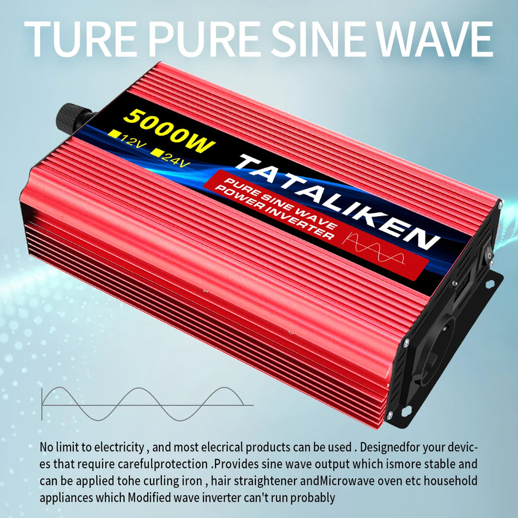 A red, ribbed metal pure sine wave power inverter with a black top panel and power output details.