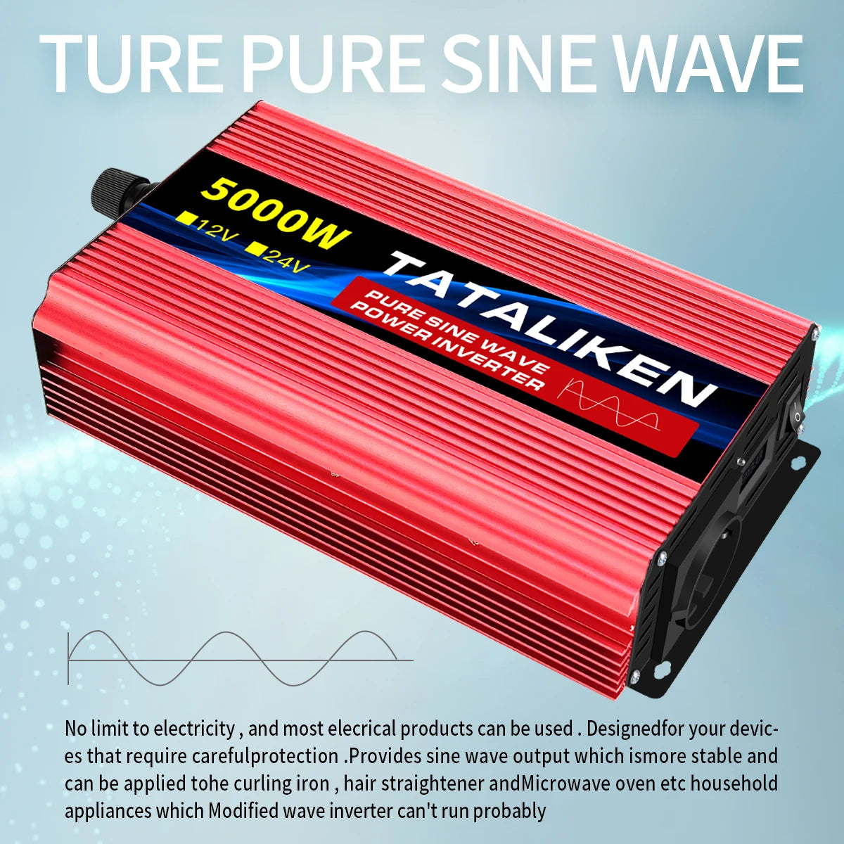 A red, ribbed metal pure sine wave power inverter with a black top panel and power output details.