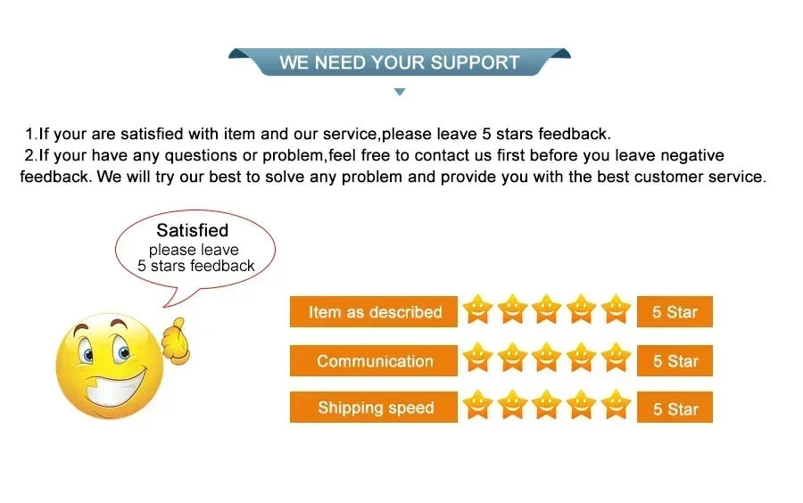 Customer feedback request graphic with a smiling yellow emoji and five-star rating rows on an orange background.