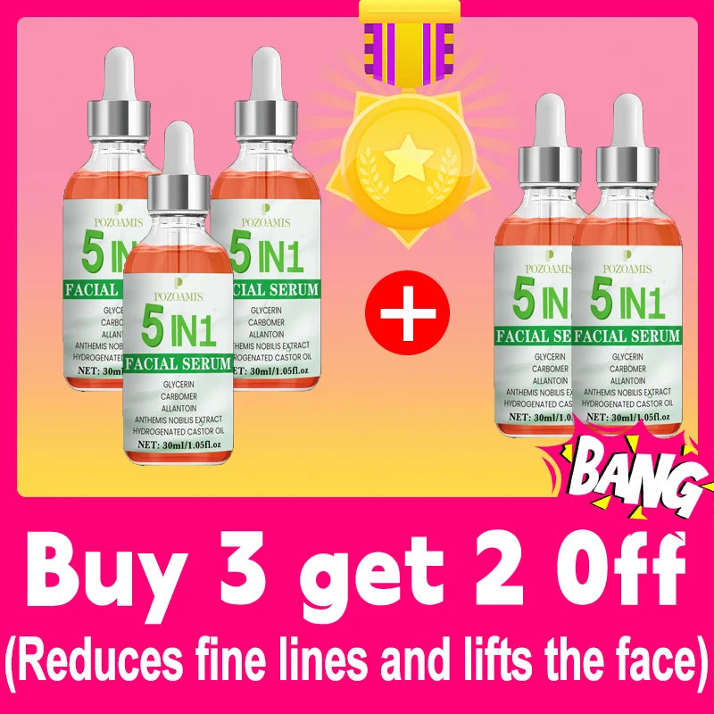 Five bottles of orange 5-in-1 facial serum with dropper lids, shown with a Buy 3 Get 2 Off promotion graphic.
