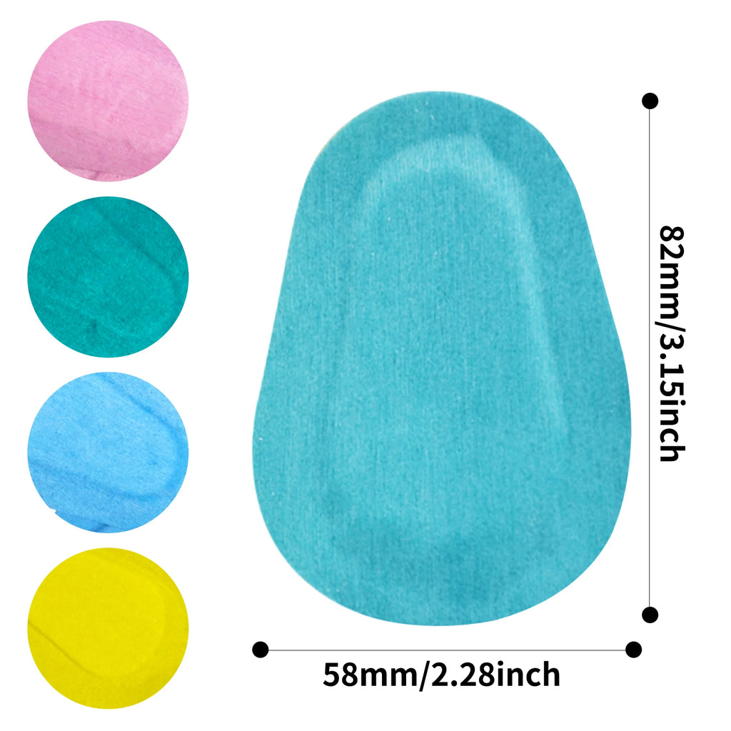 Oval turquoise fabric eye patch, 82mm by 58mm, with smaller circular swatches in pink, teal, blue, and yellow.
