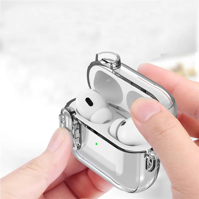 Clear, protective hard shell case for AirPods Pro, held in a hand showing the open lid and charging status light.