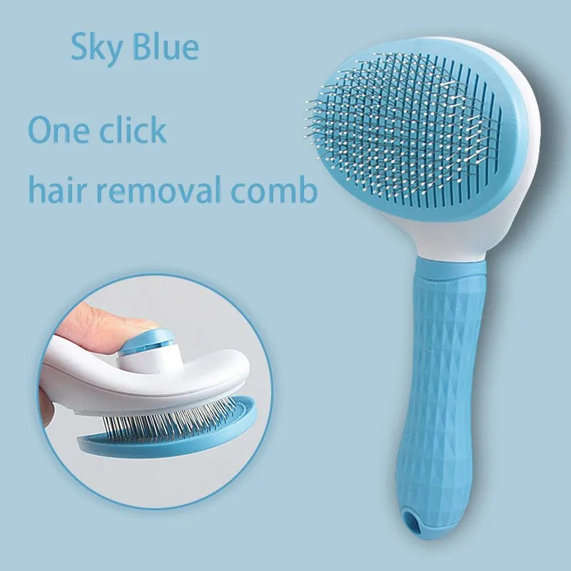 Sky blue and white pet grooming slicker brush with a one-click button for easy hair removal.