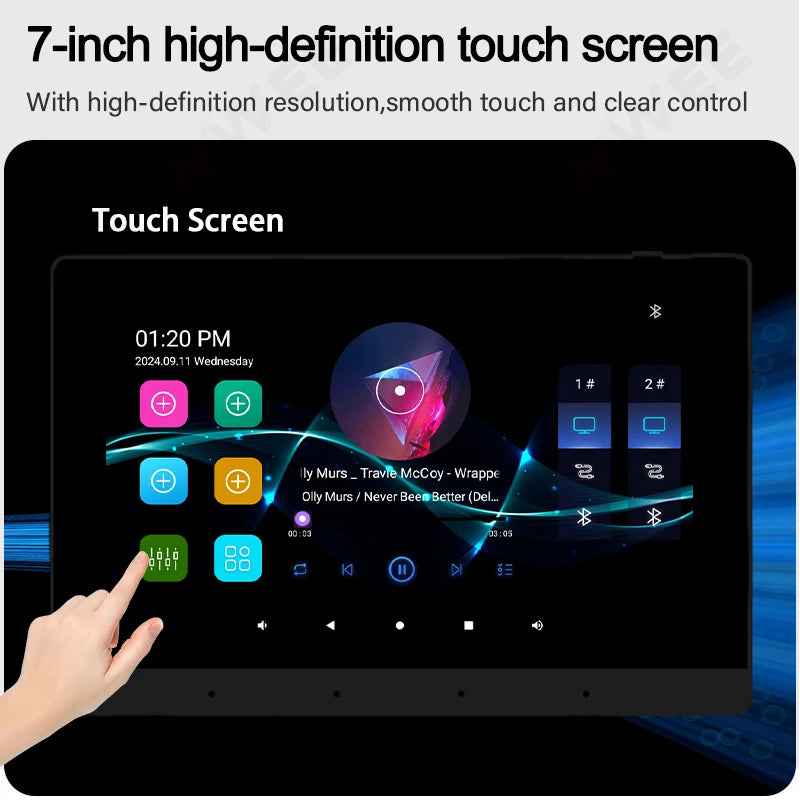 A 7-inch black in-wall smart amplifier with a vibrant touch screen interface displaying music controls and settings.
