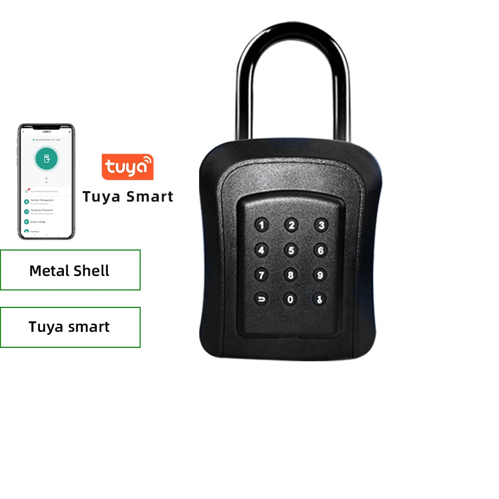 Black metal key lock box with numeric keypad, featuring Tuya smart app connectivity for remote access.