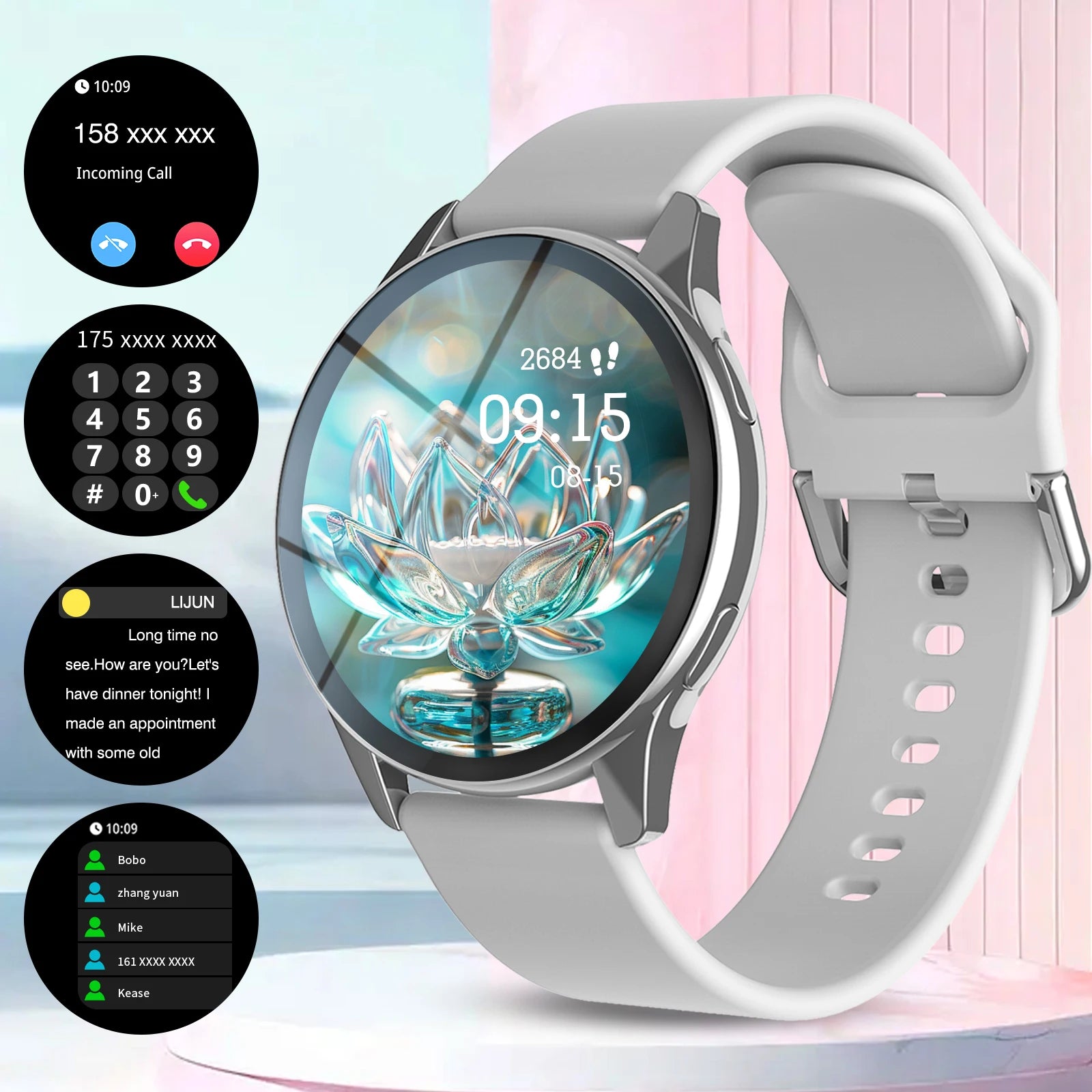 Silver multi-sport smartwatch with a grey silicone strap and circular touchscreen displaying calling features.