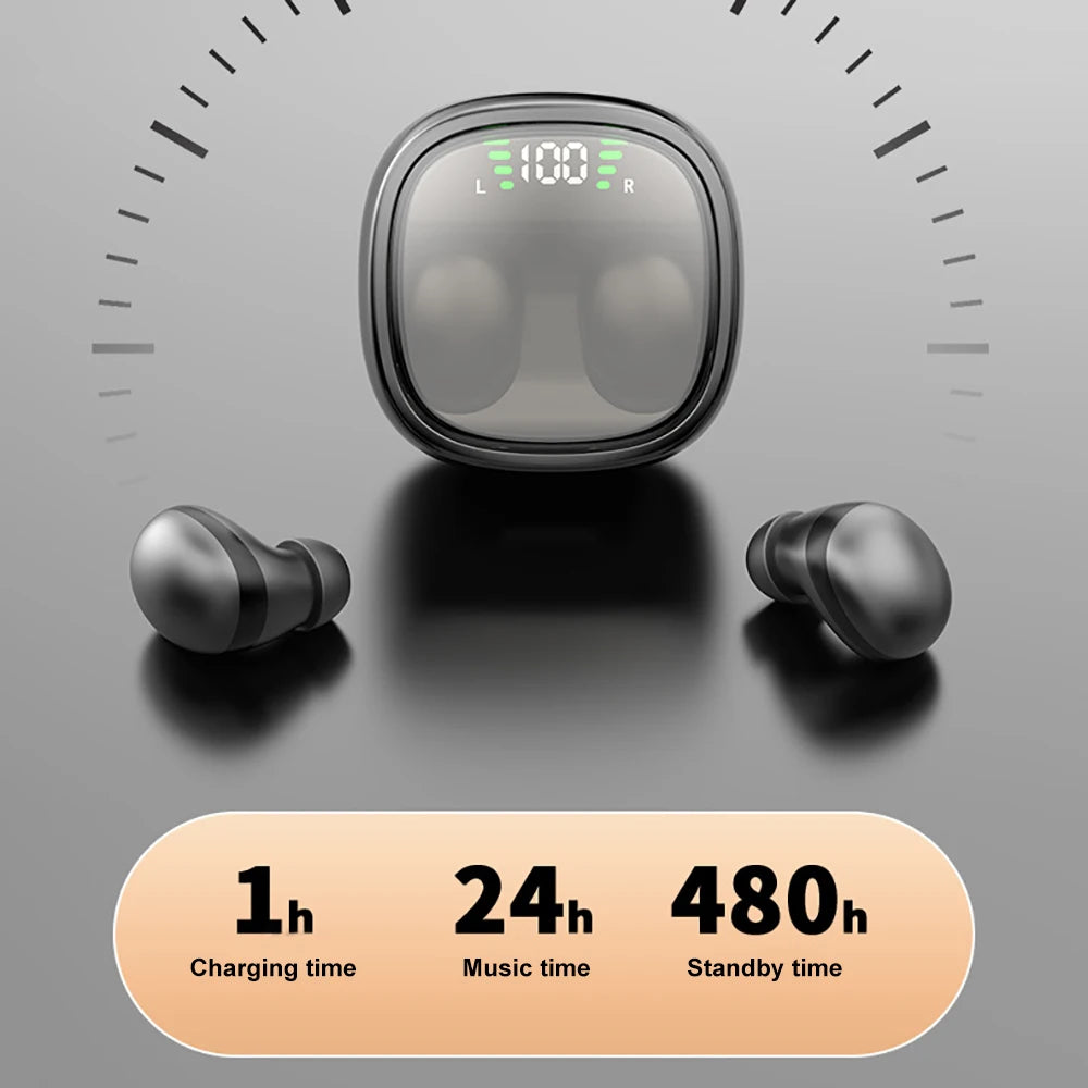 Black wireless earbuds and a rounded charging case with a digital battery display on a grey background.