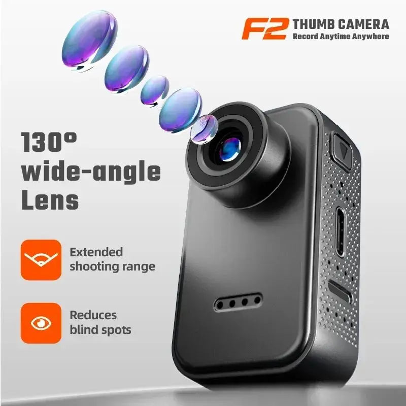 Black thumb-sized camera with a textured plastic body and a 130-degree wide-angle lens.