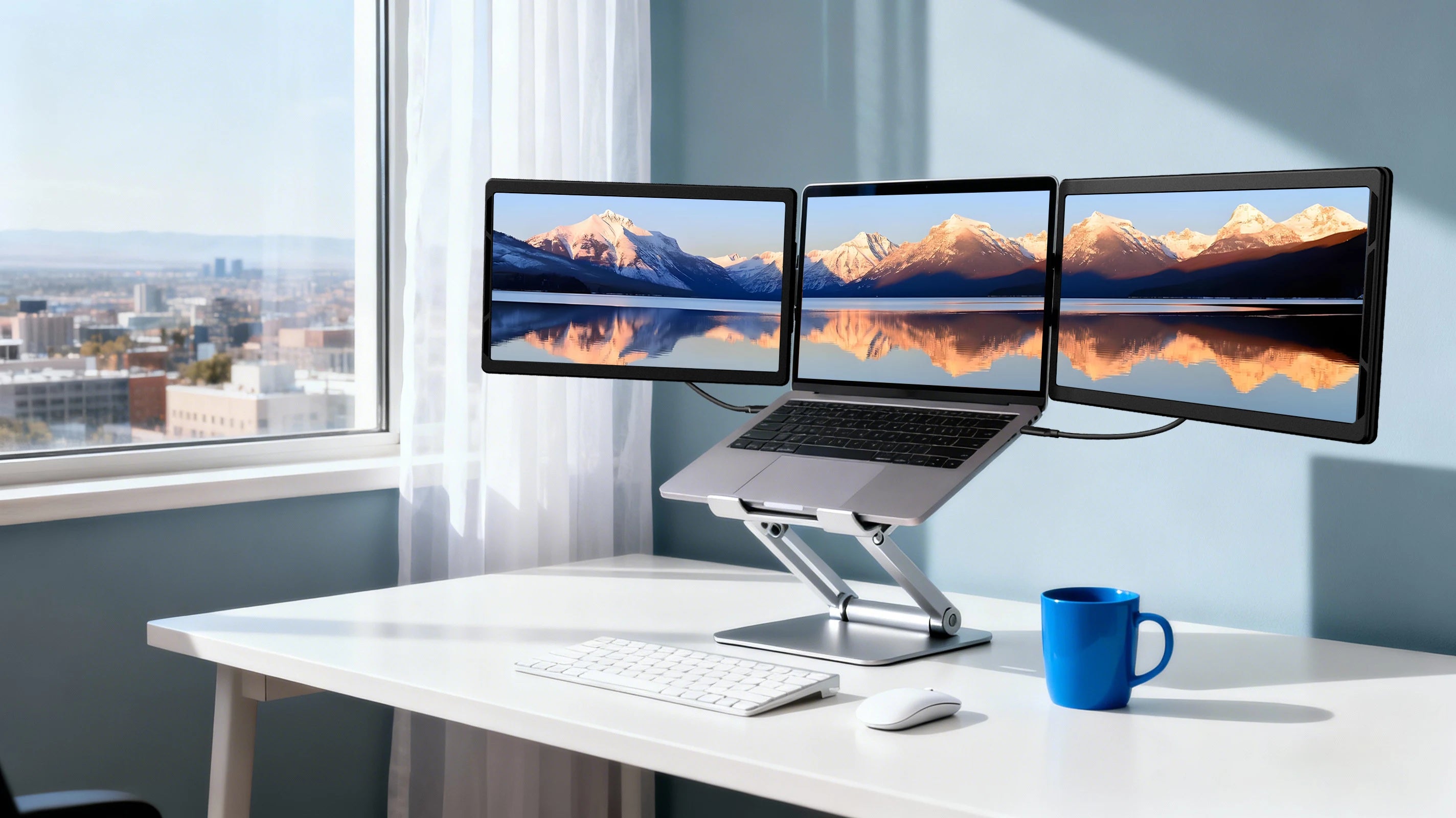 A 13.3-inch portable triple-screen monitor set up on an adjustable laptop stand by a window.