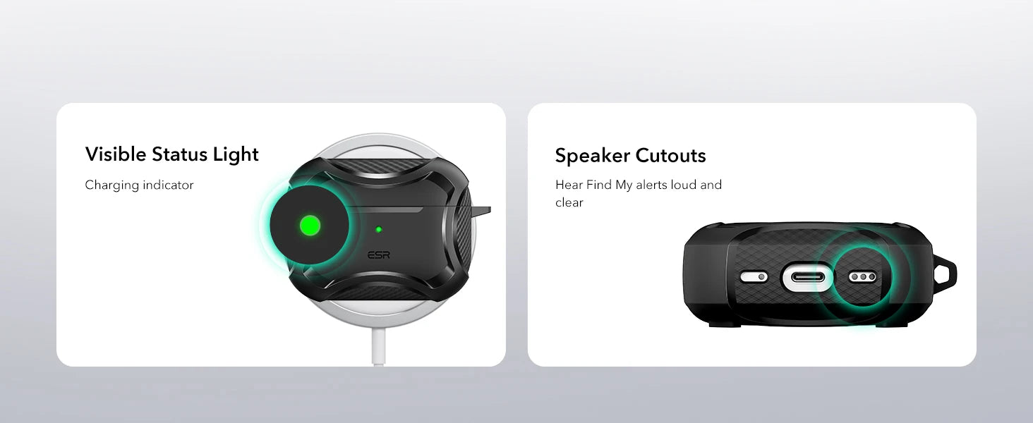 Black rugged protective case for AirPods Pro 2 with status light, speaker cutouts, and wireless charging support.
