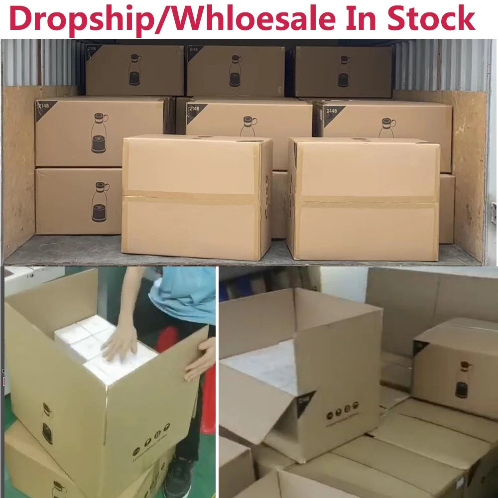 Cardboard shipping boxes for insulated water bottles stacked in a warehouse and being packed by hand.