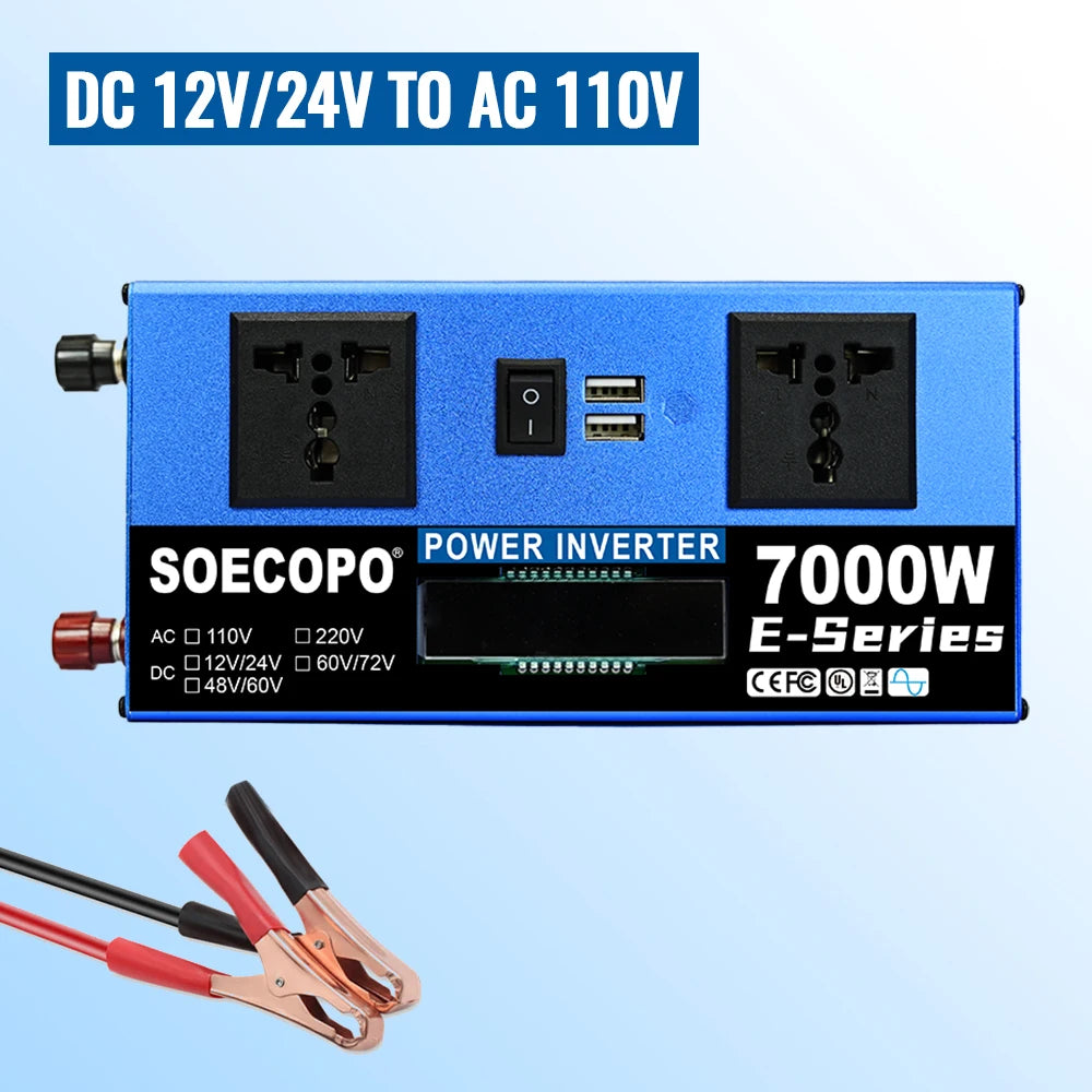Blue 7000W car power inverter with two AC outlets, USB ports, power switch, digital display, and battery clips.