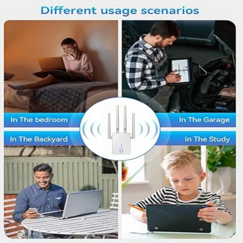White 1200Mbps WiFi booster with three antennas, shown in a collage of four different home usage scenarios.