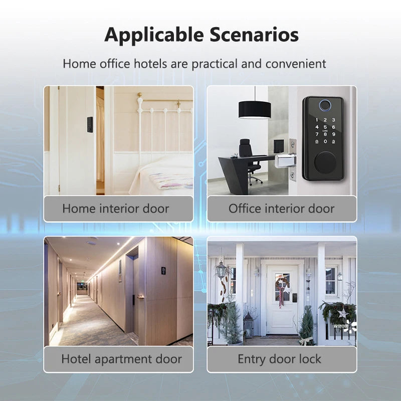 Black electronic keypad door lock with numeric buttons and card reader, shown installed on various interior doors.