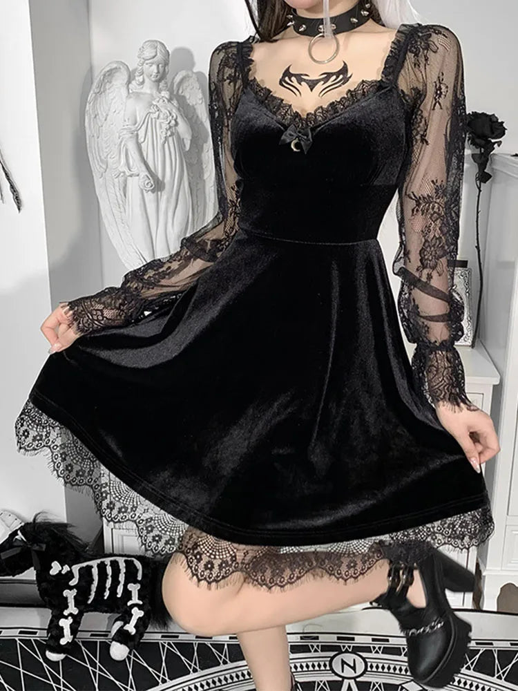Black velvet A-line mini dress with sheer lace long sleeves, V-neck, and lace trim hem.