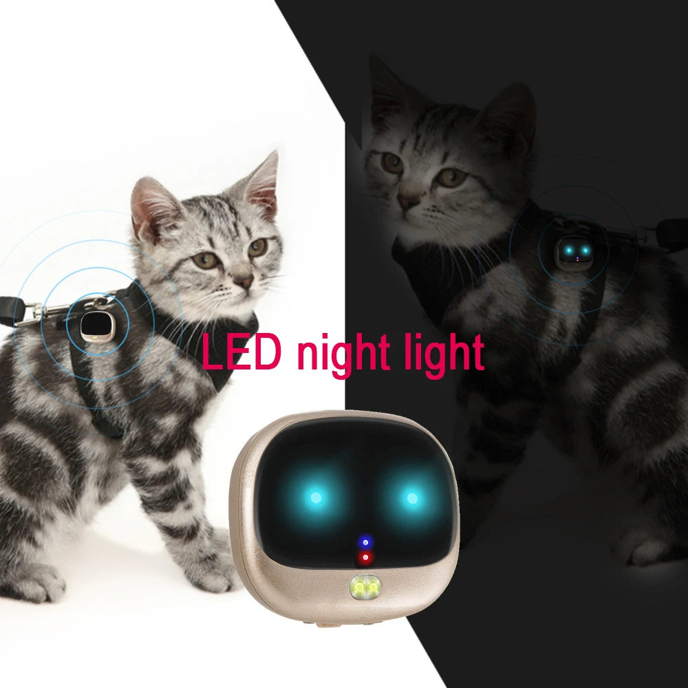 Gold mini GPS pet tracker on a cat harness with glowing blue LED lights and signal rings.