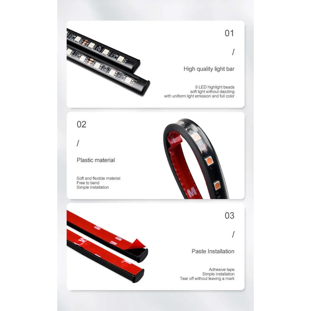 Black LED car interior strip lights featuring flexible plastic, bright LED beads, and red adhesive backing.