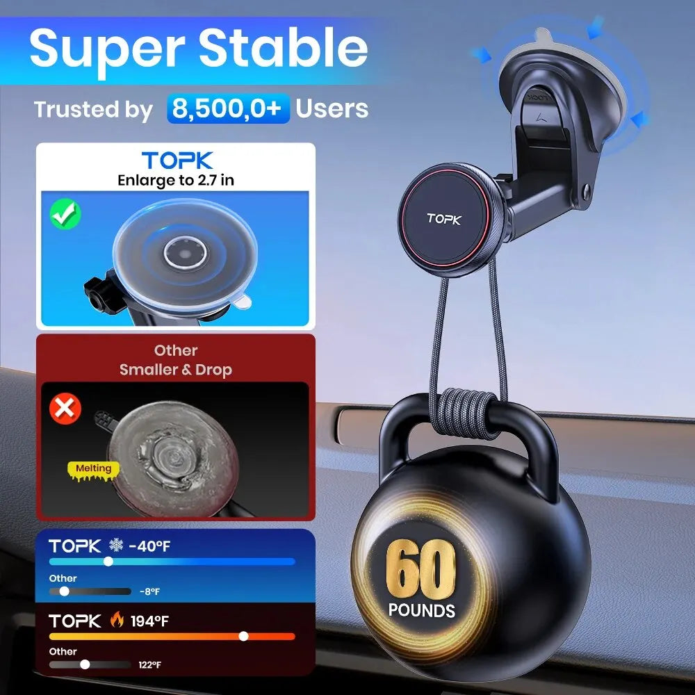 Black magnetic car phone mount with a strong suction cup, shown holding a 60-pound weight to demonstrate stability.