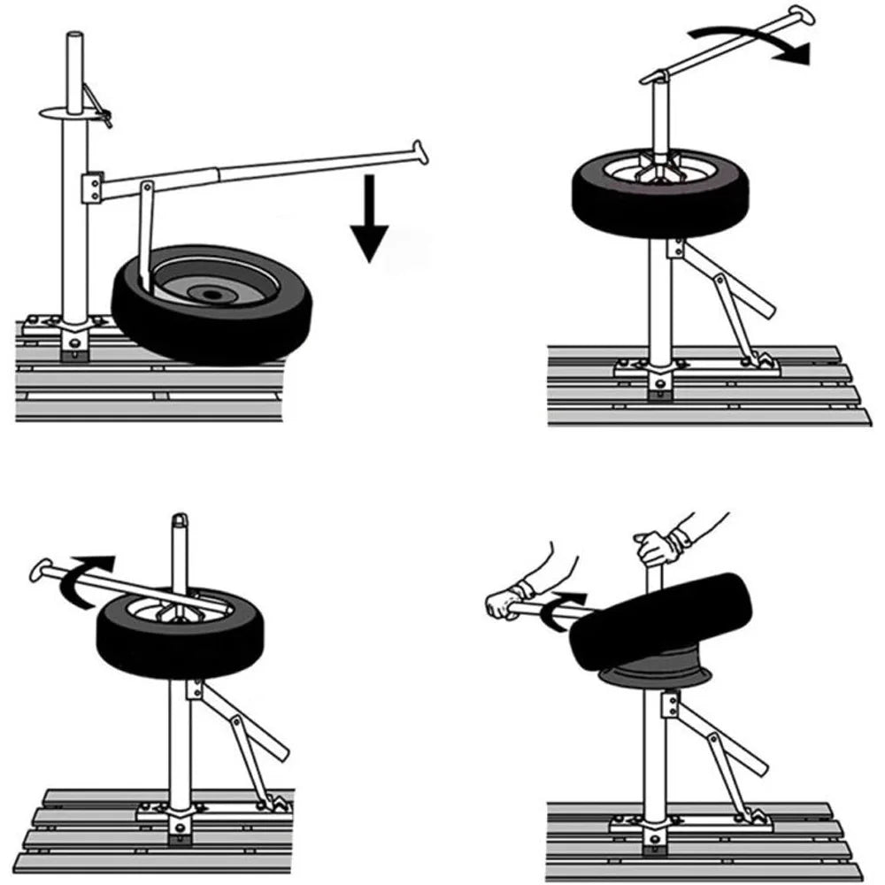 Four-step diagram of a black and white manual tire changer tool, showing operation with directional arrows.