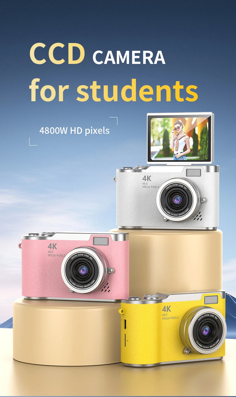 Three 4K digital cameras in white, pink, and yellow with textured bodies, silver lenses, and a flip-up screen.