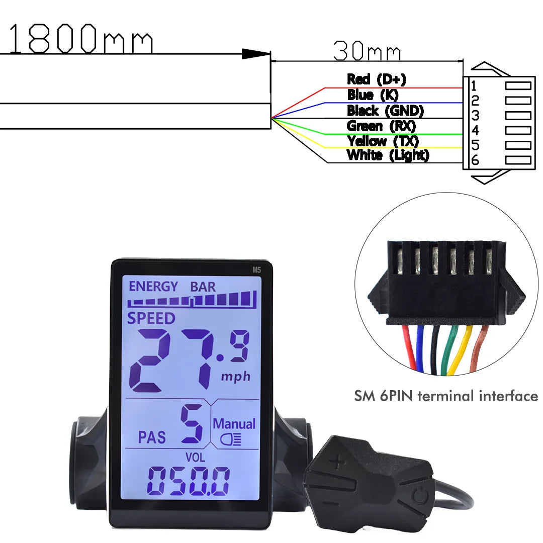 Black M5 e-bike LCD display with blue screen, separate control pad, wiring diagram, and 6-pin terminal interface.