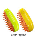 Two electric pet grooming brushes, one green and one yellow, with orange silicone bristles for detangling and massage.