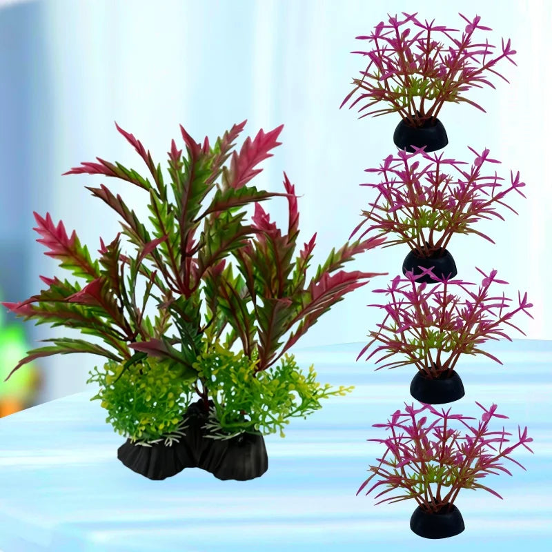 Five artificial aquarium plants: one large multi-textured green and pink bush, and four matching pink star-shaped plants.