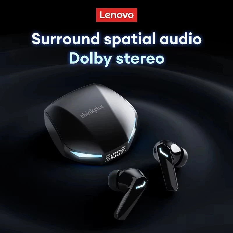 Glossy black wireless earbuds with a sleek charging case featuring a digital battery display and blue accent lights.