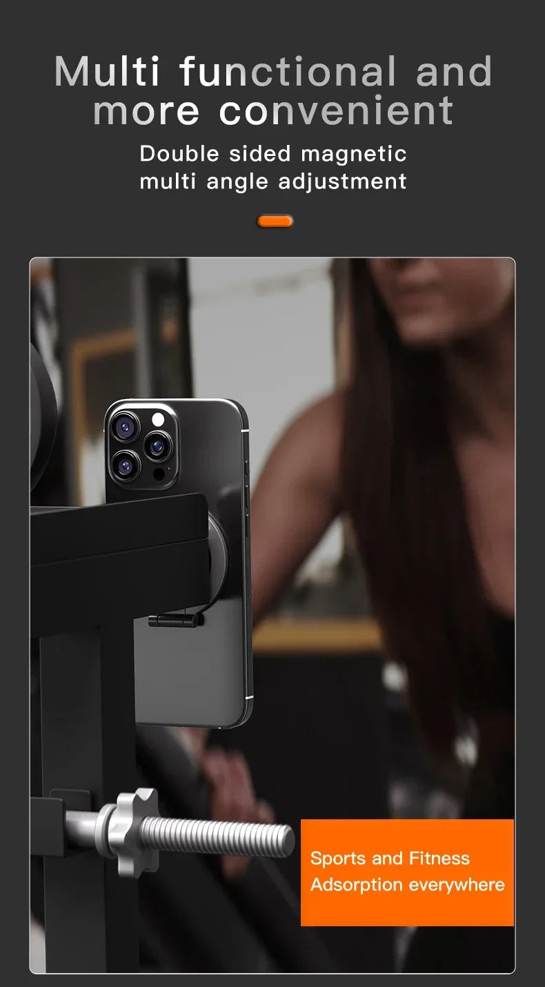 Black magnetic phone mount attached to gym equipment, featuring an adjustable arm for multi-angle viewing.