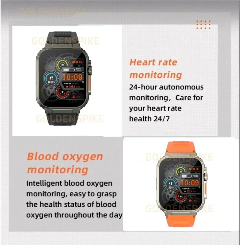 Rugged 4G Android smartwatch in olive green and bright orange with advanced health tracking and digital displays.
