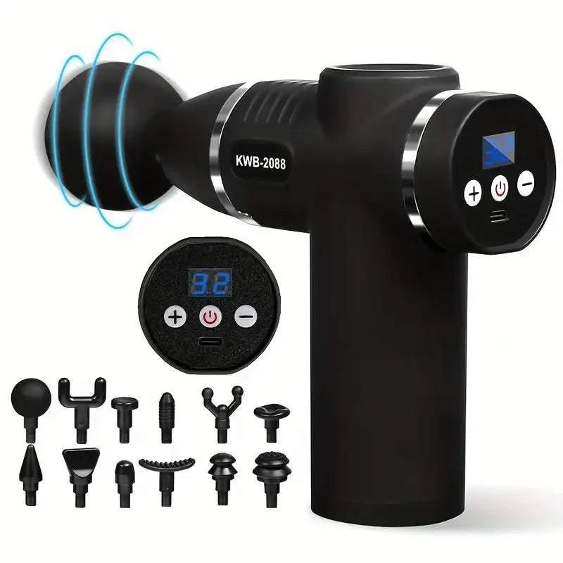 Black mini massage gun with a round head, digital display, control buttons, and 12 interchangeable attachment heads.