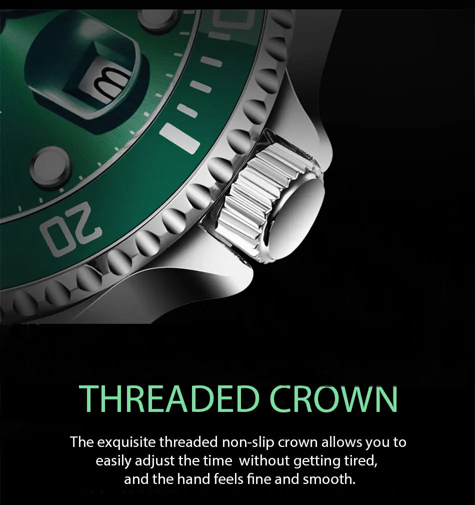 Close-up of a men's stainless steel watch with a green dial and a textured, non-slip threaded crown.