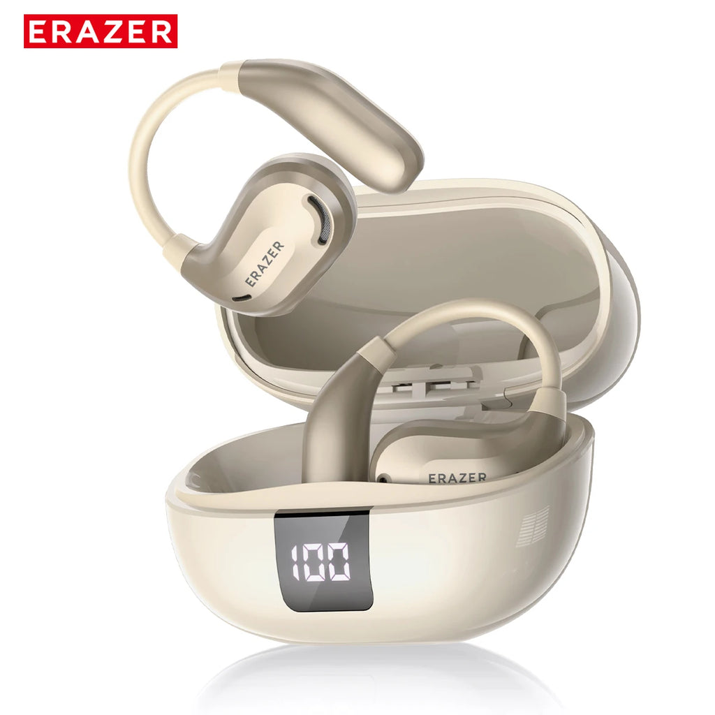 Beige, over-ear wireless earbuds with a matching charging case featuring a digital battery display.