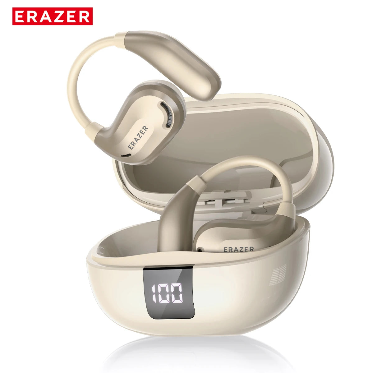 Beige, over-ear wireless earbuds with a matching charging case featuring a digital battery display.