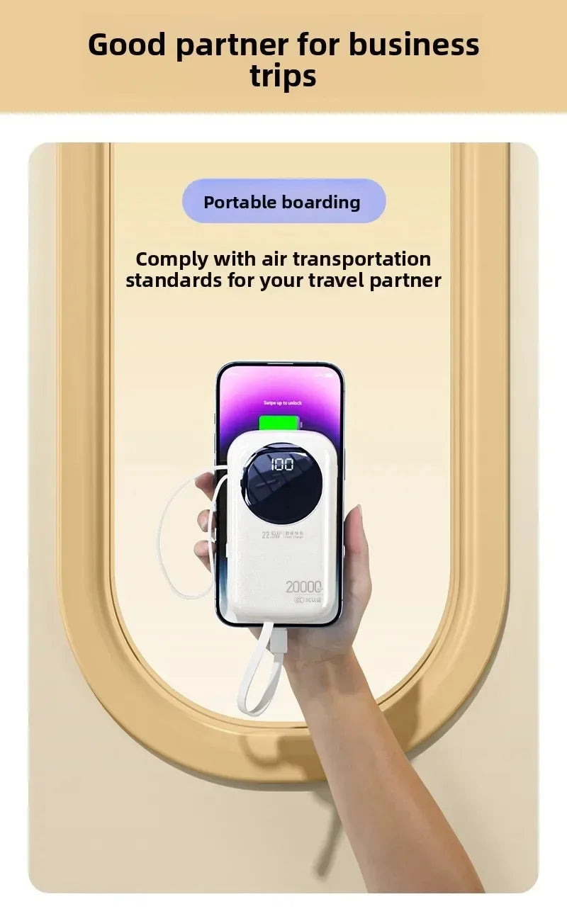 White 20000mAh portable power bank with digital display, built-in cables, and 22.5W fast charging held against a phone.