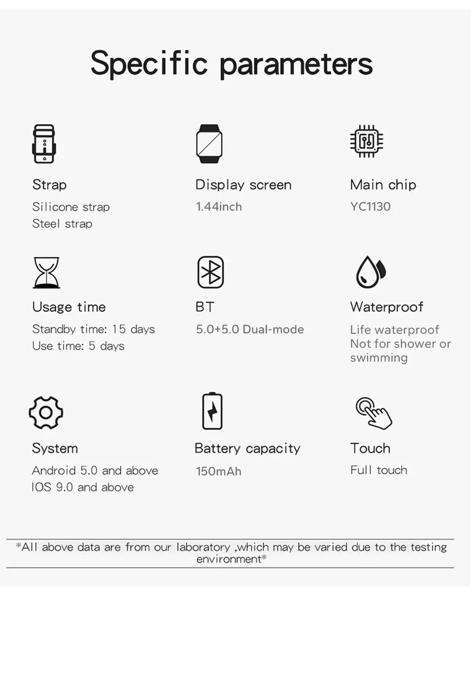 Smartwatch technical specifications showing a 1.44-inch touch screen, silicone/steel strap options, and Bluetooth 5.0.