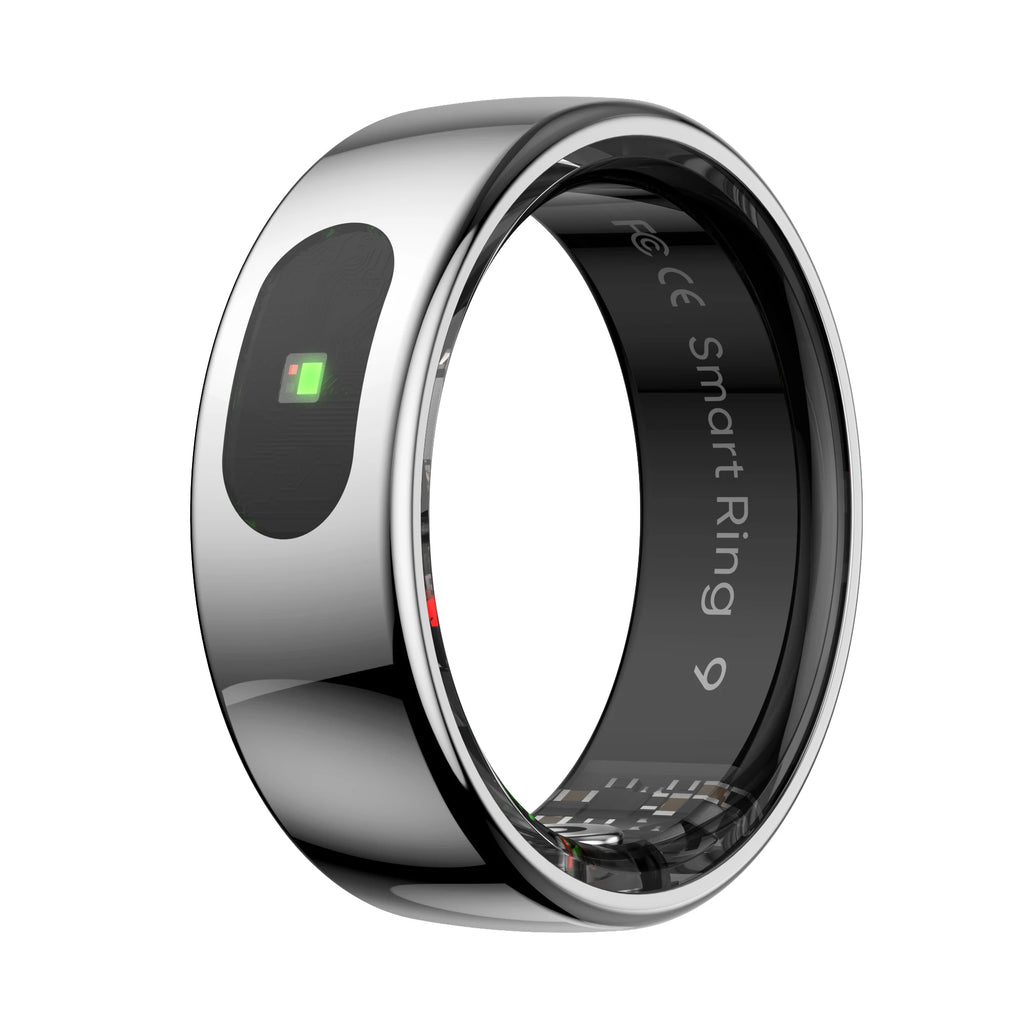 A sleek, silver health-tracking smart ring with a black inner band and integrated health monitoring sensors.