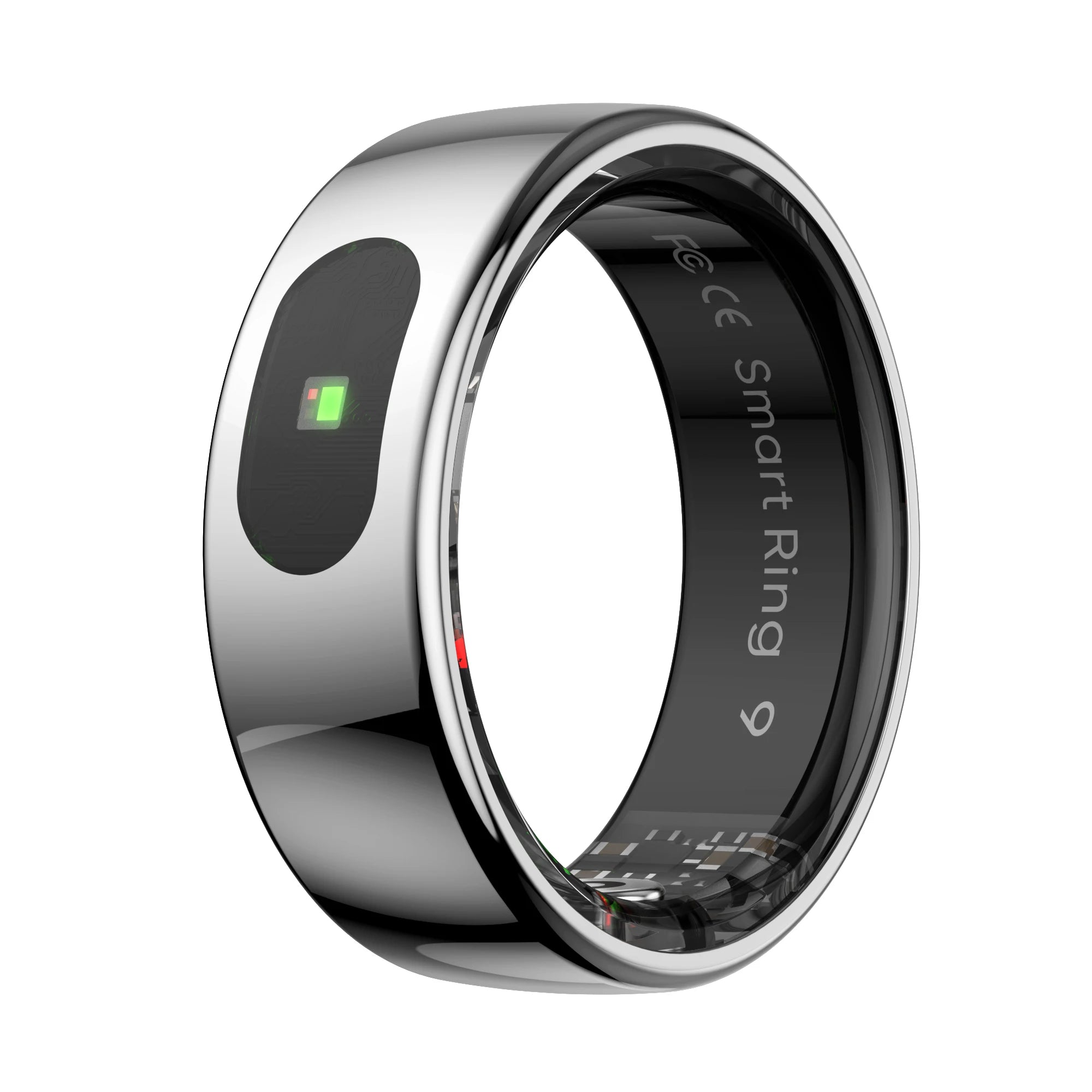A sleek, silver health-tracking smart ring with a black inner band and integrated health monitoring sensors.
