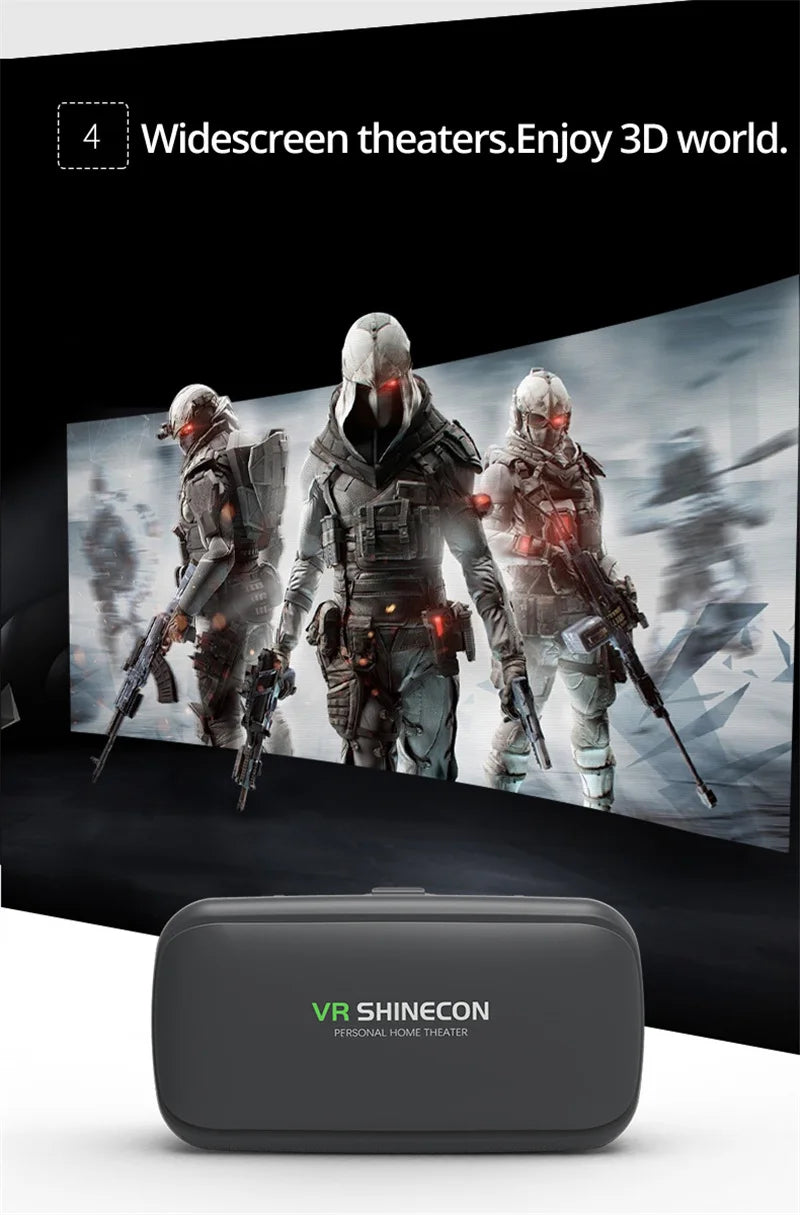 Dark grey VR headset shown against a virtual reality background featuring three futuristic soldiers in combat gear.
