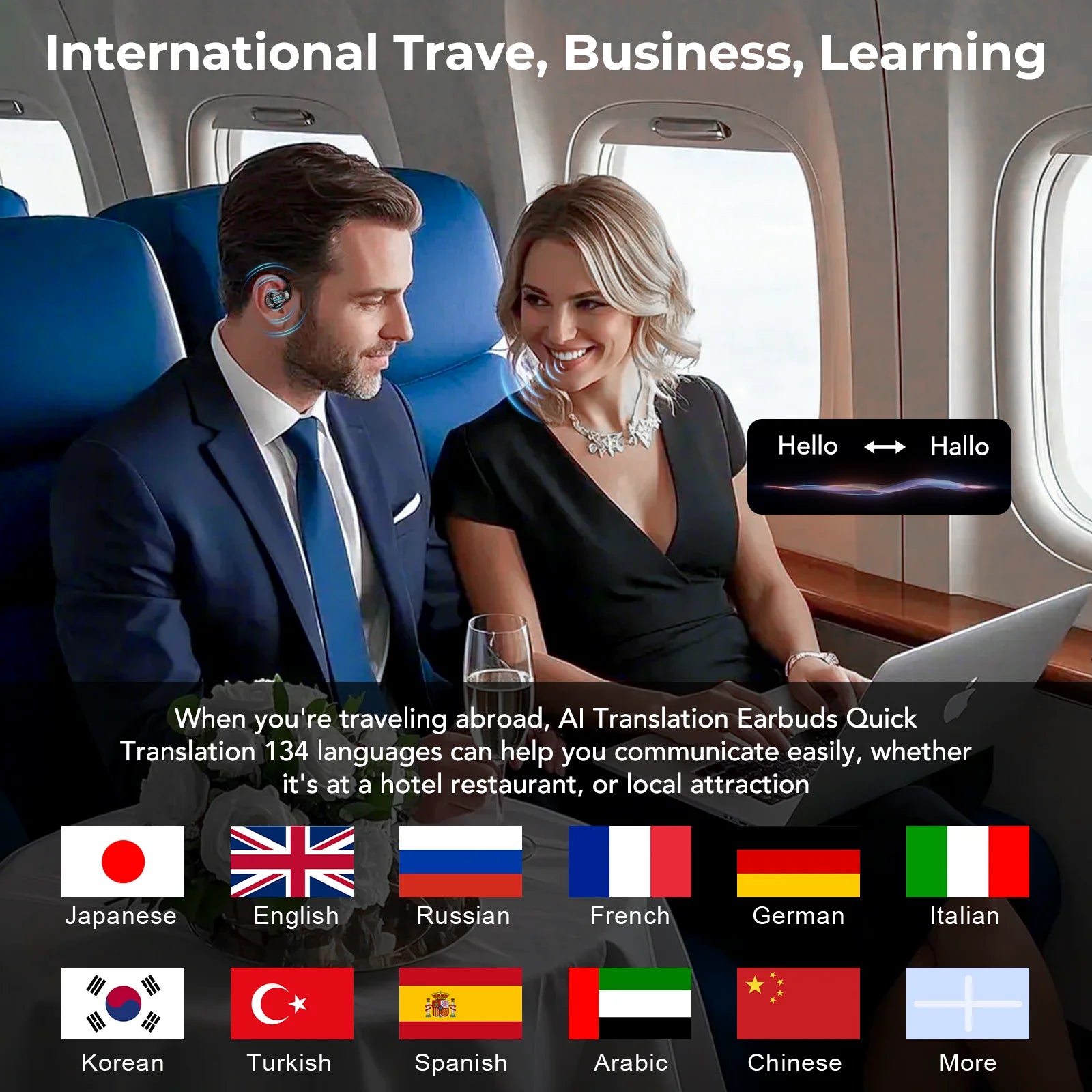 A couple on a plane using sleek, black AI translation earbuds to communicate in multiple languages.