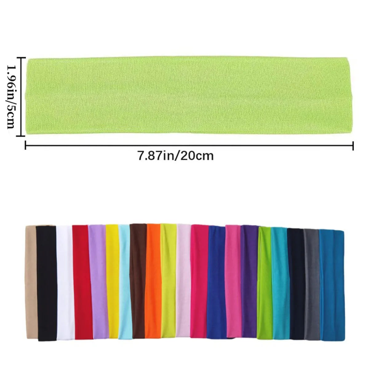 A pack of colourful elastic headbands. Includes dimensions of 20cm x 5cm shown on a single lime green headband.